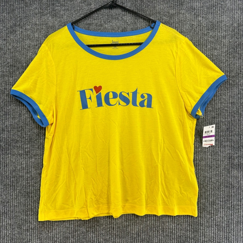 Jenni Fiesta Ringer Tee Women XXL Yellow Blue New Graphic Short Sleeve T-Shirt